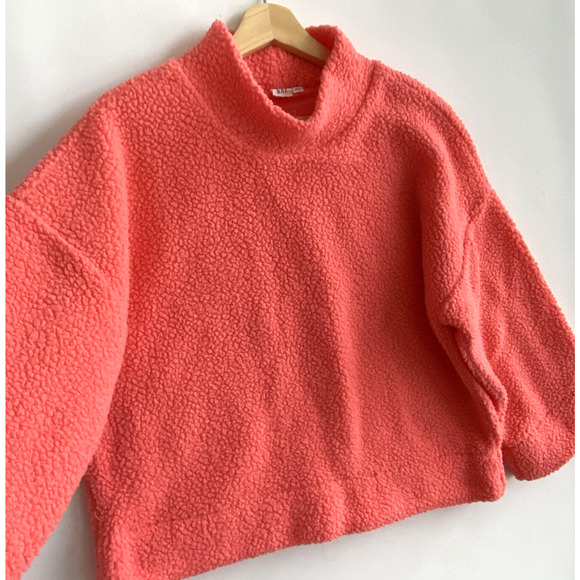 GAP Vibrant Coral Orange Boxy Pullover Sherpa Sweater Mock Neck Size S - Picture 3 of 5